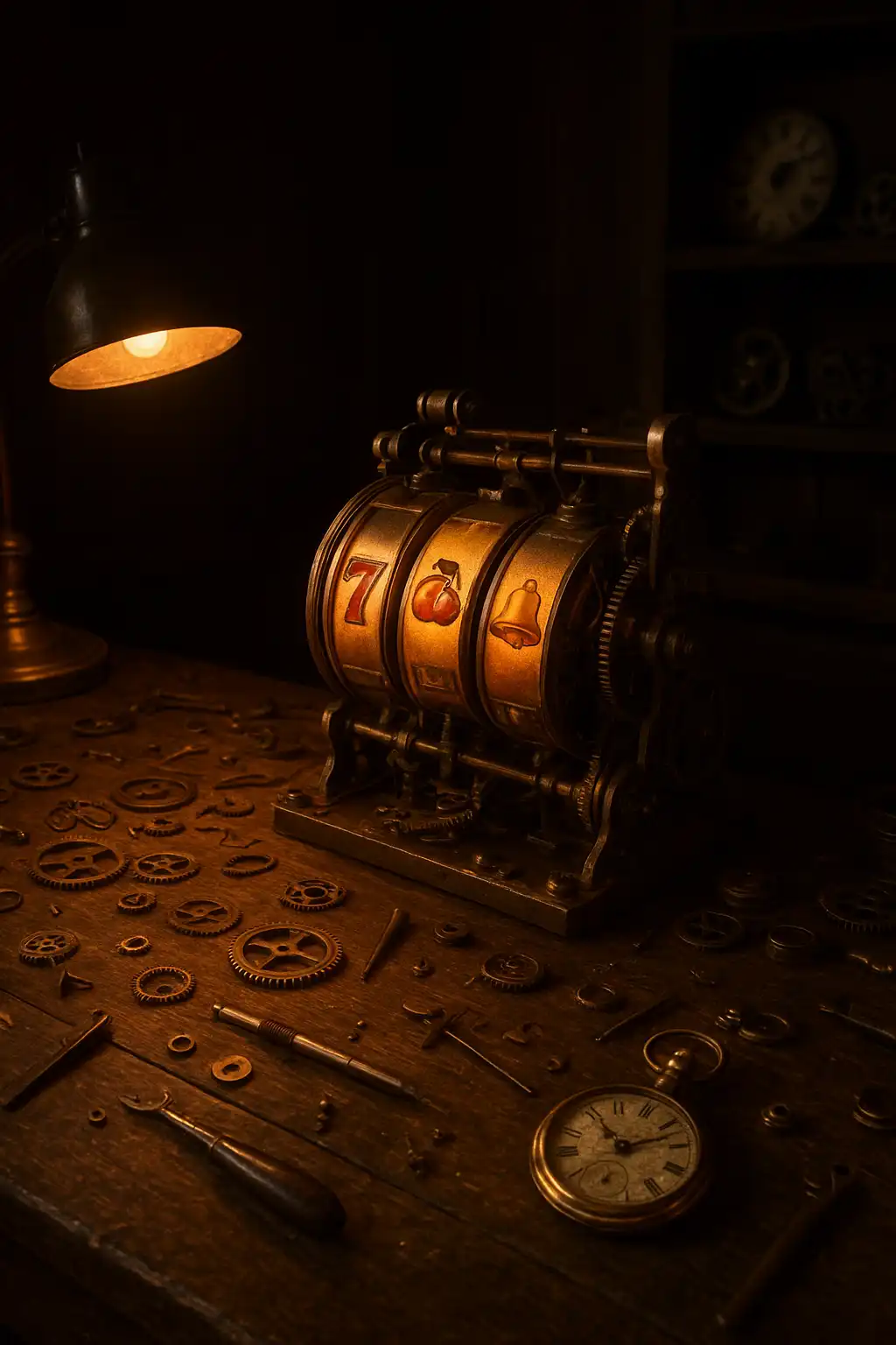 Clockmaker's workshop workbench with brass tools and a glowing slot reel