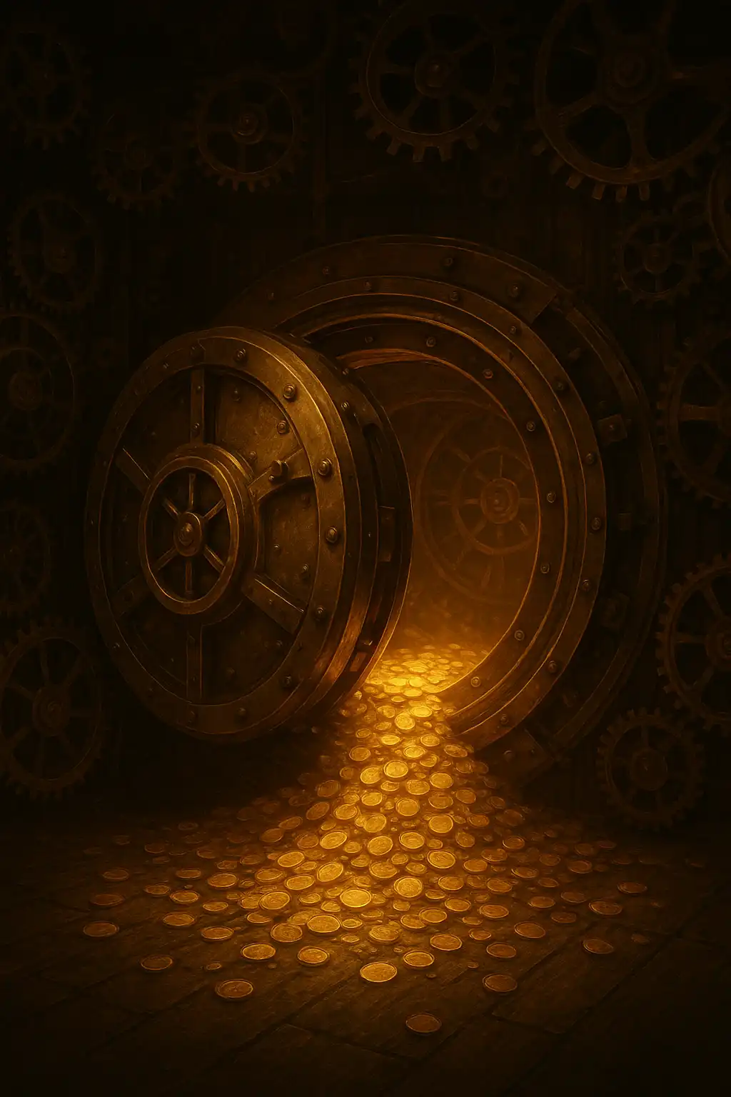 Brass vault door in a clockwork gallery holding glowing bonus coins