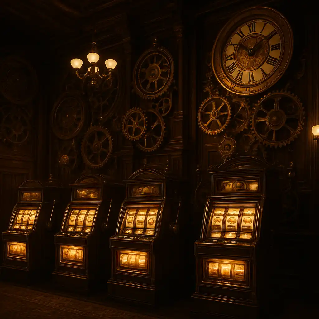 Grand clockwork casino gallery with brass gears and glowing slot machines