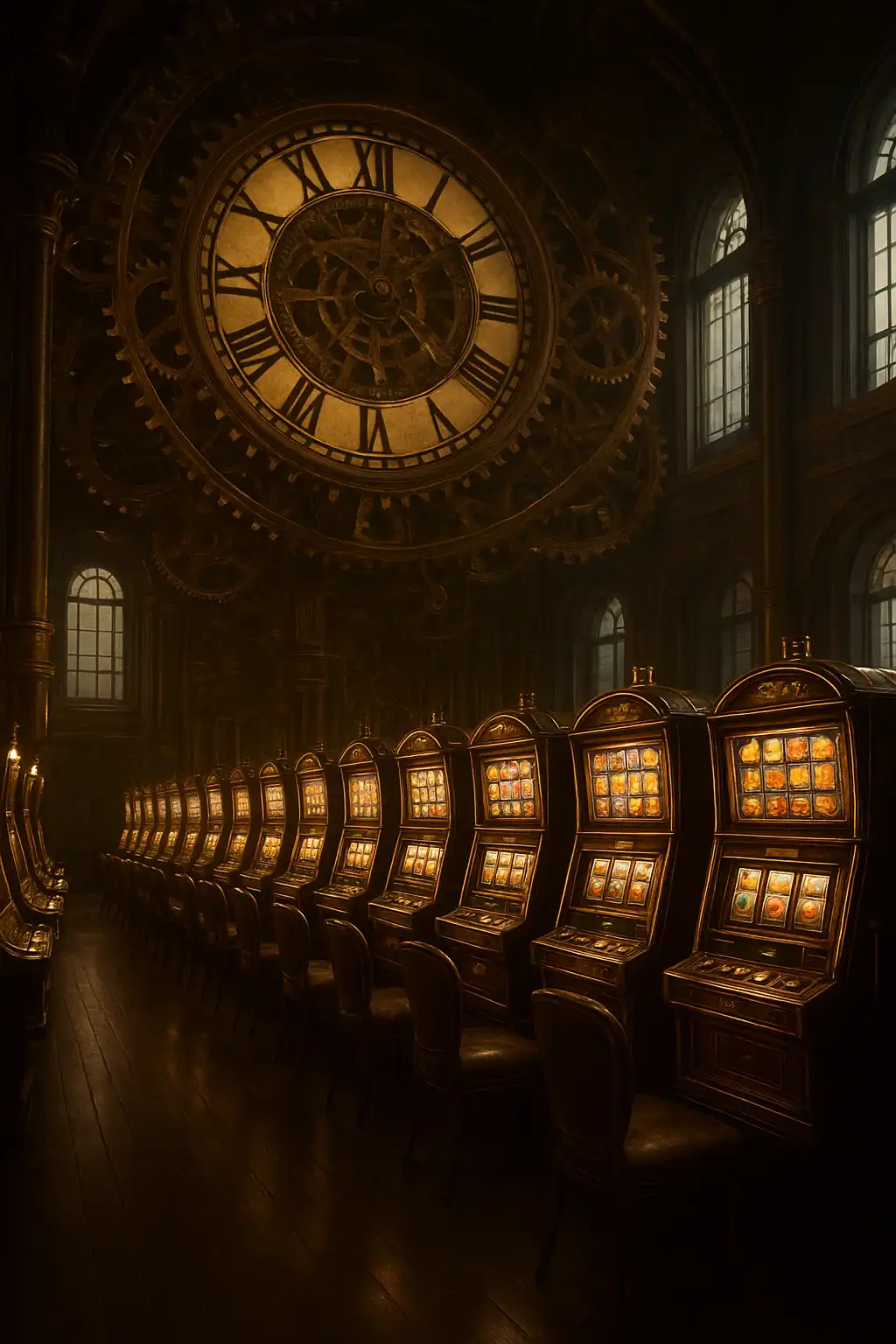 Tall clocktower interior filled with brass gears and slot machine cabinets
